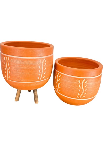Ev Dekorasyon Nakış Desenli Toprak Saksı Saksılık Salon Çiçeklik İkili Set Ayaksız - 3 Ayaklı- 19 CM indirimleri