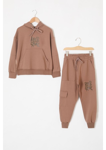 Kahverengi Keep Read Yazılı Erkek Çocuk Kapüşonlu Takım 19314