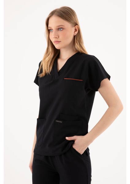 Premium Likralı Siyah Hemşire Forması - Cerrahi Takım - Scrubs Takım - Unisex - XS