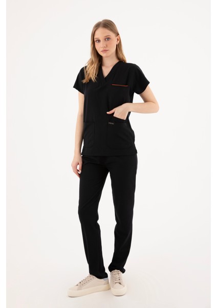Premium Likralı Siyah Hemşire Forması - Cerrahi Takım - Scrubs Takım - Unisex - XS