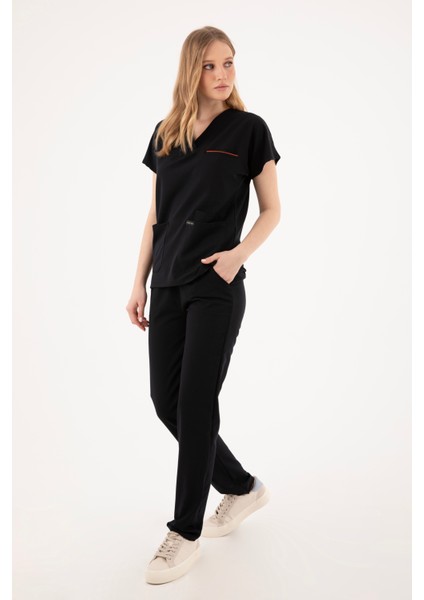 Premium Likralı Siyah Hemşire Forması - Cerrahi Takım - Scrubs Takım - Unisex - XS