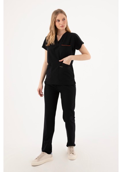 Premium Likralı Siyah Hemşire Forması - Cerrahi Takım - Scrubs Takım - Unisex - XS