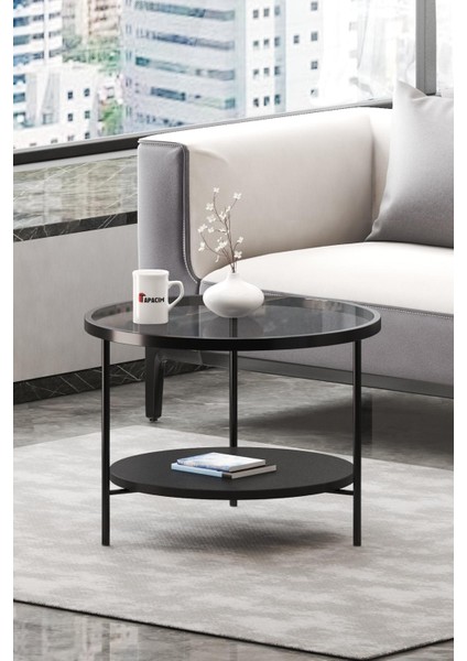 60 Çap , Füme Cam , Siyah Alt Orta Sehpa