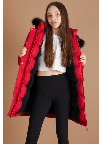 Kırmızı Kürklü Içi Astarlı Çıkarılabilir Kapüşonlu Kız Çocuk Mont 19355
