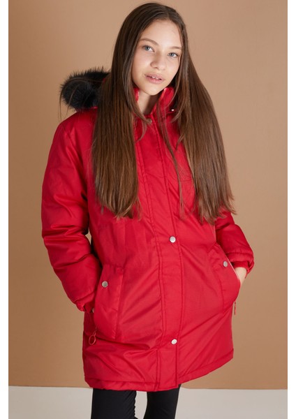 Kırmızı Kürklü Içi Astarlı Çıkarılabilir Kapüşonlu Kız Çocuk Mont 19355 fiyatları