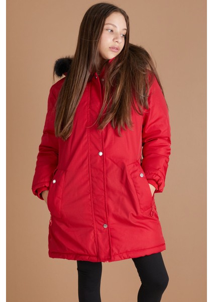 Kırmızı Kürklü Içi Astarlı Çıkarılabilir Kapüşonlu Kız Çocuk Mont 19355 modelleri