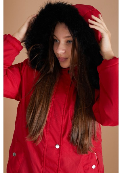 Kırmızı Kürklü Içi Astarlı Çıkarılabilir Kapüşonlu Kız Çocuk Mont 19355 fırsatları