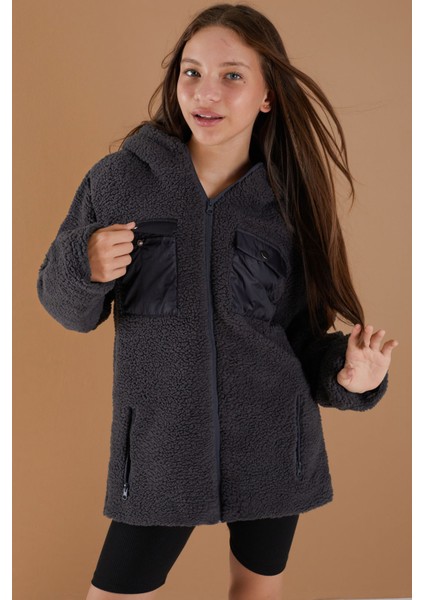 Füme Göğüs Cepli Kapüşonlu Kız Çocuk Peluş Hırka 19500 modelleri