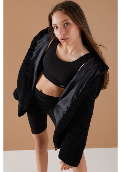 Siyah Göğüs Cepli Kapüşonlu Kız Çocuk Peluş Hırka 19499