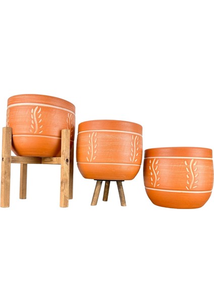 Ev Dekorasyon Nakış Desenli Toprak Saksı Saksılık Salon Çiçeklik Üçlü Set - 19 CM