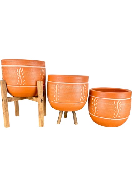 Ev Dekorasyon Nakış Desenli Toprak Saksı Saksılık Salon Çiçeklik Üçlü Set - 19 CM modelleri