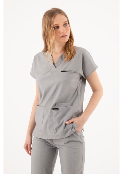 Premium Likralı Fırçalı Gri Rengi Hemşire Forması - Cerrahi Takım - Scrubs Takım - Unisex - XL