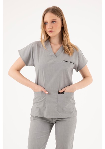 Premium Likralı Fırçalı Gri Rengi Hemşire Forması - Cerrahi Takım - Scrubs Takım - Unisex - XL fiyatları