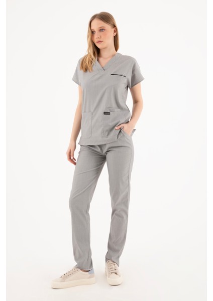 Premium Likralı Fırçalı Gri Rengi Hemşire Forması - Cerrahi Takım - Scrubs Takım - Unisex - XL fırsatları