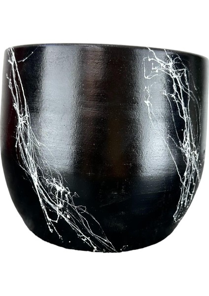 Siyah Üzeri Beyaz Mermer Efektli Toprak Saksı Saksılık Salon Çiçeklik - 19 CM