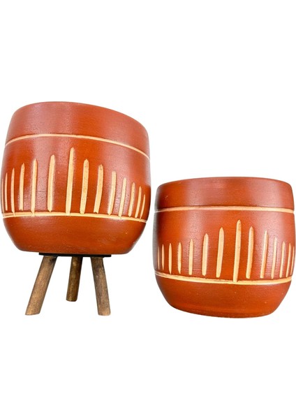 Dik Çizgi Desenli Toprak Saksı Saksılık Salon Çiçeklik İkili Set Ayaksız - 3 Ayaklı- 19 CM