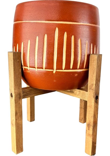 Dik Çizgi Desenli Toprak Saksı Saksılık Salon Çiçeklik 4 Ayaklı - 19 CM