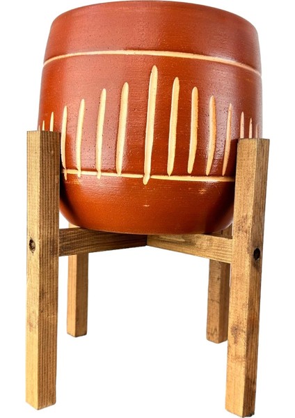 Dik Çizgi Desenli Toprak Saksı Saksılık Salon Çiçeklik 4 Ayaklı - 19 CM