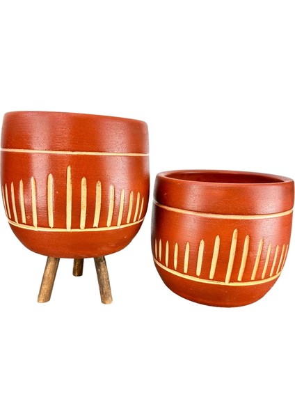 Dik Çizgi Desenli Toprak Saksı Saksılık Salon Çiçeklik İkili Set Ayaksız - 3 Ayaklı- 19 CM modelleri
