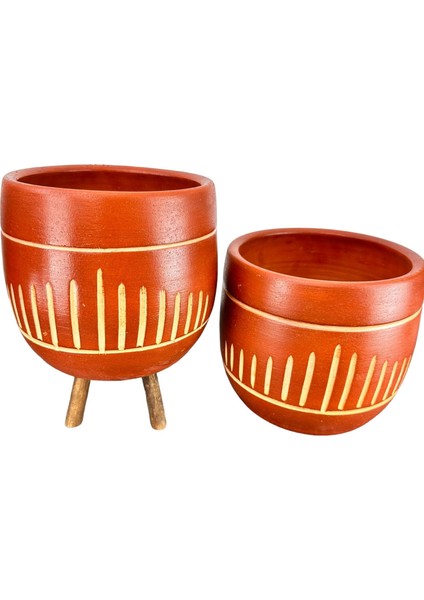 Dik Çizgi Desenli Toprak Saksı Saksılık Salon Çiçeklik İkili Set Ayaksız - 3 Ayaklı- 19 CM fırsatları