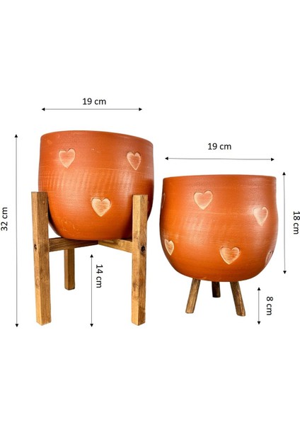 Kalp Desenli Toprak Saksı Saksılık Salon Çiçeklik İkili Set 3 Ayaklı- 4 Ayaklı- 19 CM