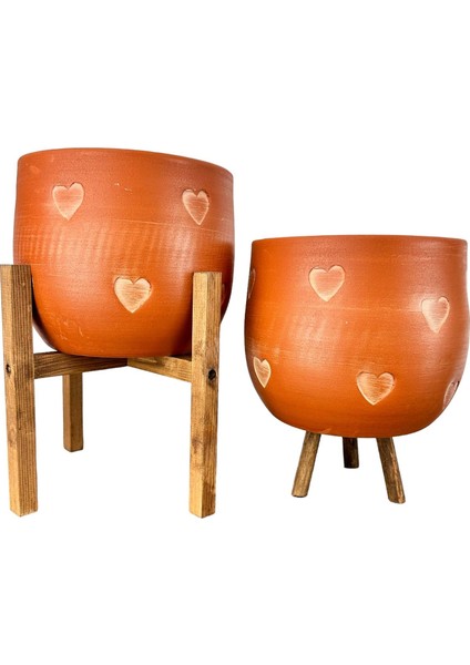 Kalp Desenli Toprak Saksı Saksılık Salon Çiçeklik İkili Set 3 Ayaklı- 4 Ayaklı- 19 CM