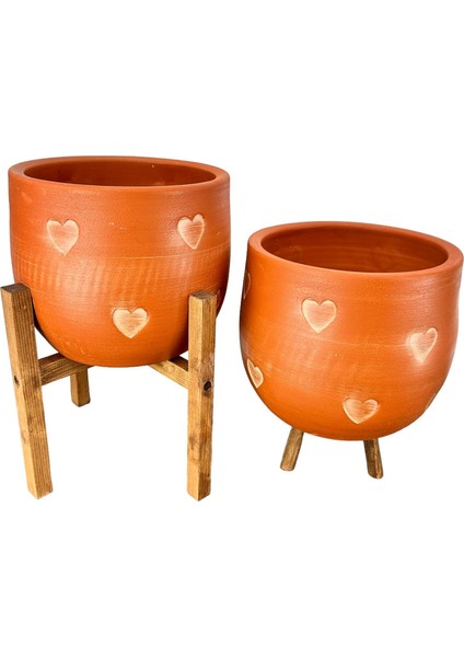 Kalp Desenli Toprak Saksı Saksılık Salon Çiçeklik İkili Set 3 Ayaklı- 4 Ayaklı- 19 CM