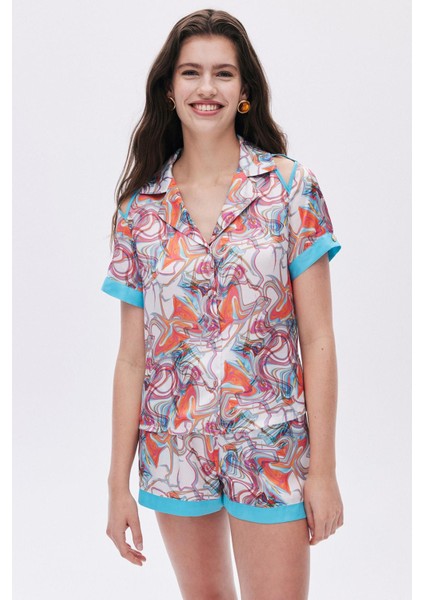 Leyiza Desenli Kısa Saten Pijama Takımı