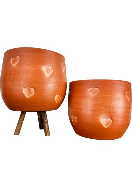 Kalp Desenli Toprak Saksı Saksılık Salon Çiçeklik İkili Set Ayaksız - 3 Ayaklı- 19 CM