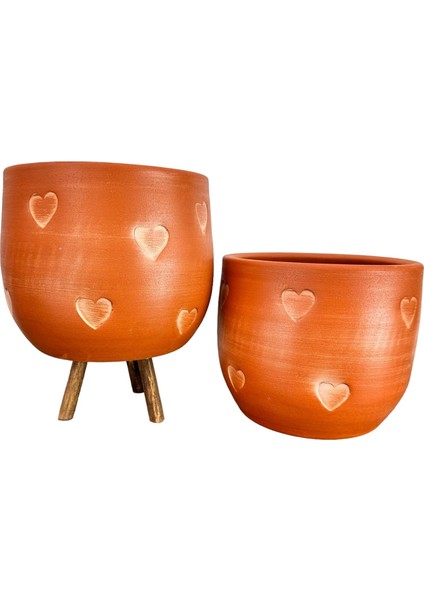 Kalp Desenli Toprak Saksı Saksılık Salon Çiçeklik İkili Set Ayaksız - 3 Ayaklı- 19 CM