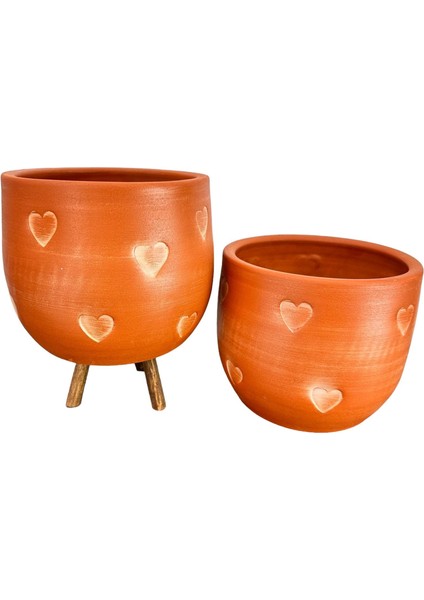 Kalp Desenli Toprak Saksı Saksılık Salon Çiçeklik İkili Set Ayaksız - 3 Ayaklı- 19 CM