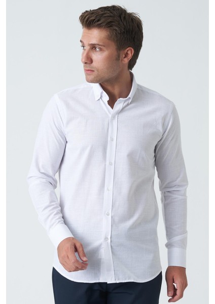 Bangor G2008 Slim Fit Flam Keten Pamuklu Gömlek Beyaz
