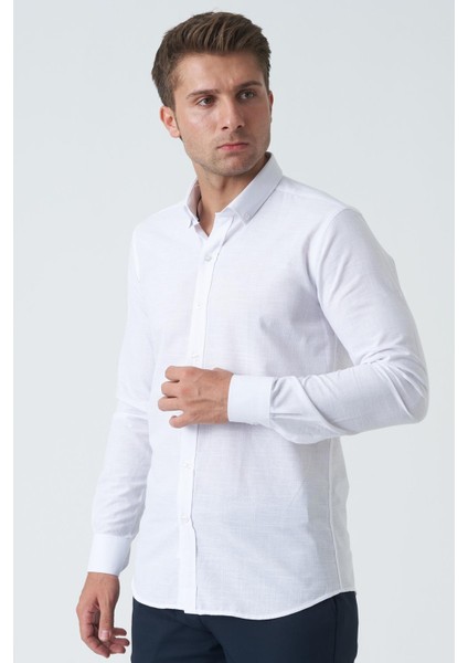 Bangor G2008 Slim Fit Flam Keten Pamuklu Gömlek Beyaz