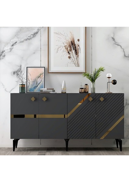 Irisdh 4 Kapaklı Raflı Konsol Antrasit Altın