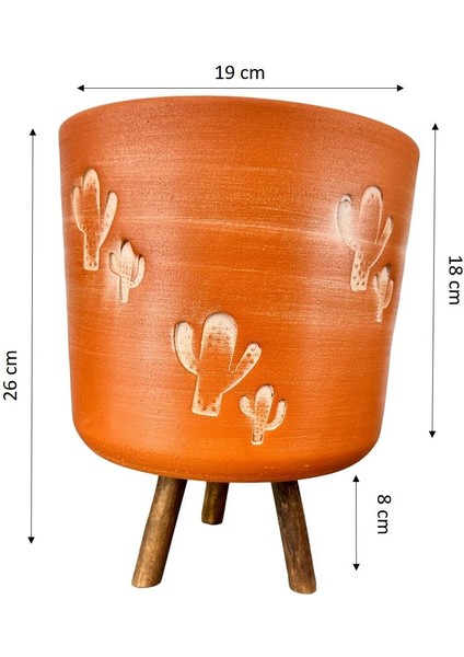 Kaktüs Desenli Toprak Saksı Saksılık Salon Çiçeklik 3 Ayaklı - 19 CM