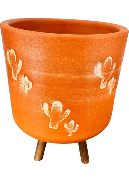 Kaktüs Desenli Toprak Saksı Saksılık Salon Çiçeklik 3 Ayaklı - 19 CM
