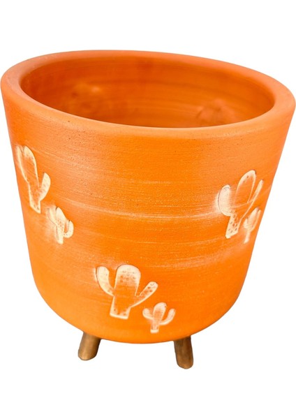 Kaktüs Desenli Toprak Saksı Saksılık Salon Çiçeklik 3 Ayaklı - 19 CM
