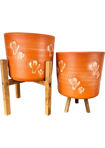 Kaktüs Desenli Toprak Saksı Saksılık Salon Çiçeklik İkili Set 3 Ayaklı- 4 Ayaklı- 19 CM fırsatları