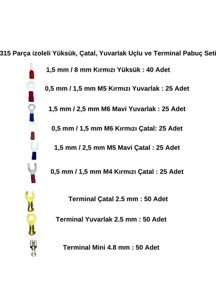 315 Parça Izoleli Yüksük, Çatal, Yuvarlak Uçlu ve Terminal Pabuç Seti