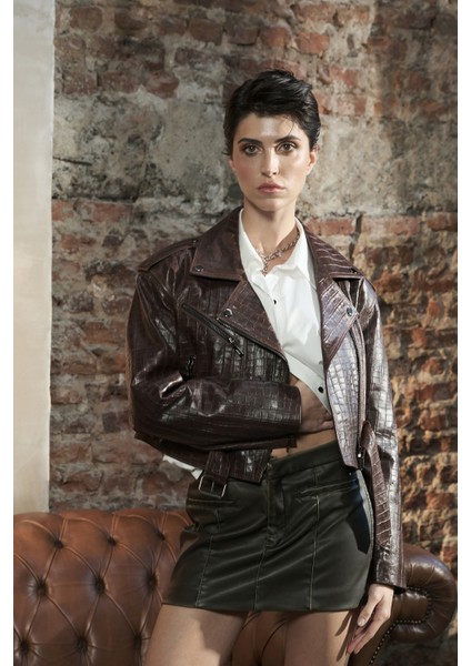 H.quınn Crop Biker Kadın Deri Mont Fındık Baskılı modelleri