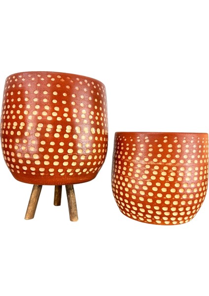 Ev Dekorasyon Aksesuar Beyaz Nokta Desenli Toprak Saksı Saksılık Salon Çiçeklik İkili Set Ayaksız - 3 Ayaklı- 19 CM