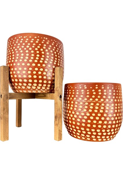 Ev Dekorasyon Aksesuar Beyaz Nokta Desenli Toprak Saksı Saksılık Salon Çiçeklik İkili Set Ayaksız - 4 Ayaklı- 19 CM