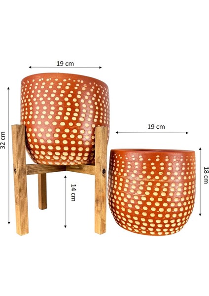 Ev Dekorasyon Aksesuar Beyaz Nokta Desenli Toprak Saksı Saksılık Salon Çiçeklik İkili Set Ayaksız - 4 Ayaklı- 19 CM