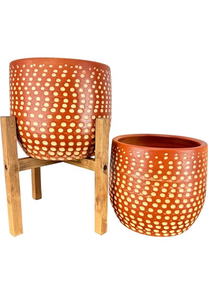 Ev Dekorasyon Aksesuar Beyaz Nokta Desenli Toprak Saksı Saksılık Salon Çiçeklik İkili Set Ayaksız - 4 Ayaklı- 19 CM