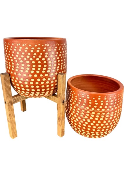 Ev Dekorasyon Aksesuar Beyaz Nokta Desenli Toprak Saksı Saksılık Salon Çiçeklik İkili Set Ayaksız - 4 Ayaklı- 19 CM