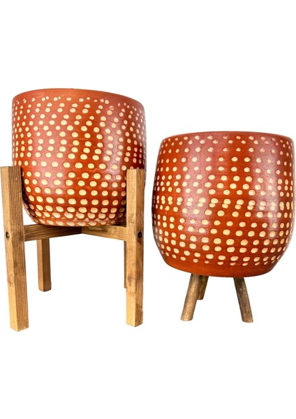Ev Dekorasyon Aksesuar Beyaz Nokta Desenli Toprak Saksı Saksılık Salon Çiçeklik İkili Set 3 Ayaklı- 4 Ayaklı- 19 CM