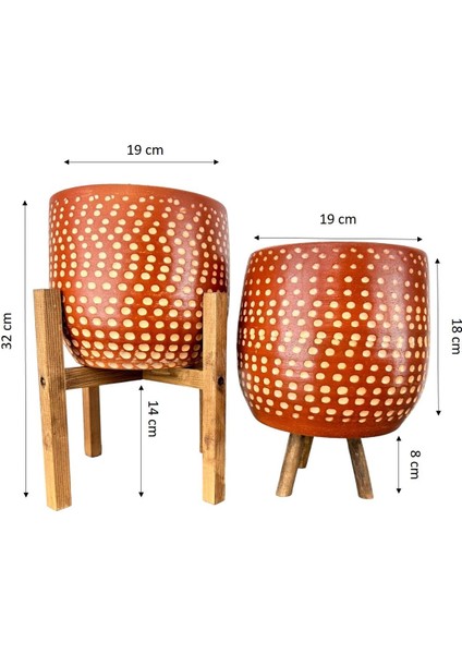 Ev Dekorasyon Aksesuar Beyaz Nokta Desenli Toprak Saksı Saksılık Salon Çiçeklik İkili Set 3 Ayaklı- 4 Ayaklı- 19 CM