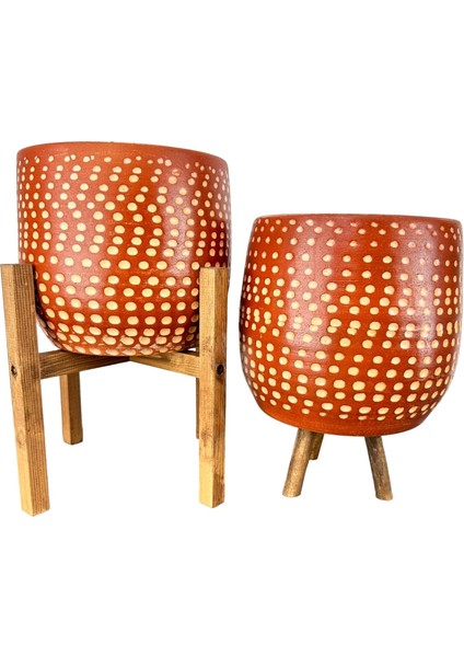 Ev Dekorasyon Aksesuar Beyaz Nokta Desenli Toprak Saksı Saksılık Salon Çiçeklik İkili Set 3 Ayaklı- 4 Ayaklı- 19 CM