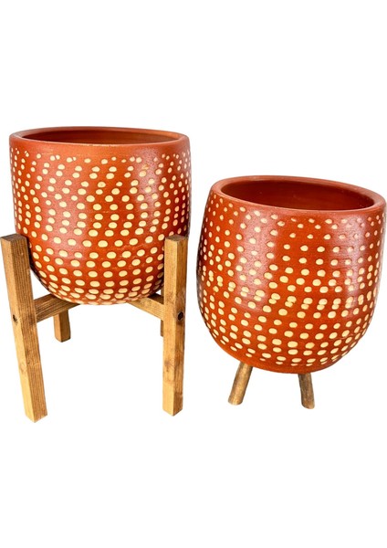 Ev Dekorasyon Aksesuar Beyaz Nokta Desenli Toprak Saksı Saksılık Salon Çiçeklik İkili Set 3 Ayaklı- 4 Ayaklı- 19 CM