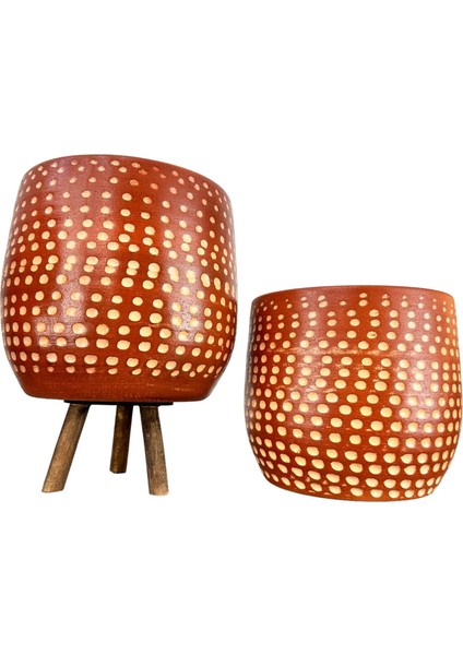 Ev Dekorasyon Aksesuar Beyaz Nokta Desenli Toprak Saksı Saksılık Salon Çiçeklik İkili Set Ayaksız - 3 Ayaklı- 19 CM